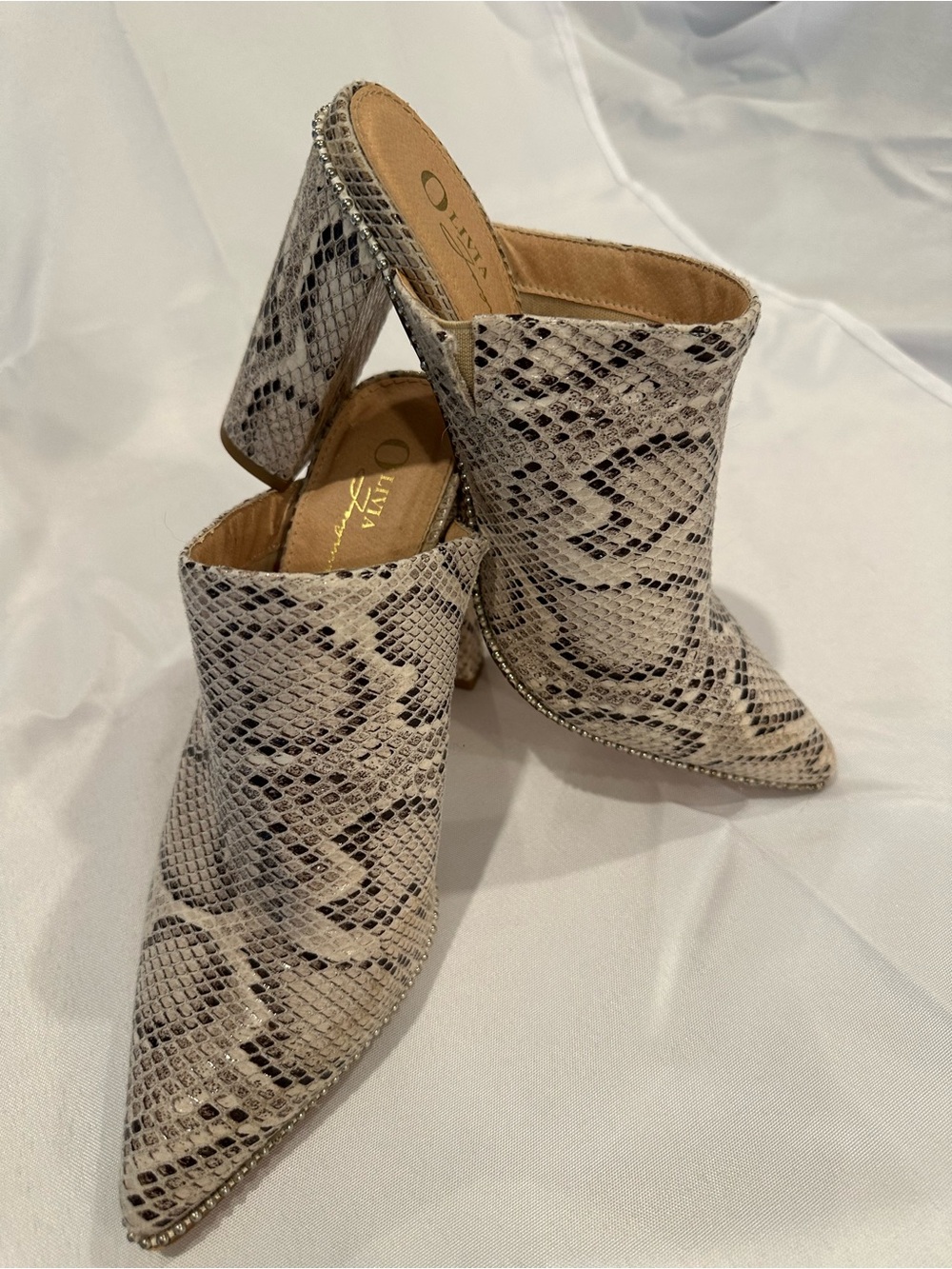 Olivia Jaymes Taupe Snake-Print Pointed Mule Heels